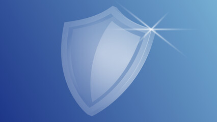 Transparent shield isolated on a blue background. Classic medieval shield with a bright glare