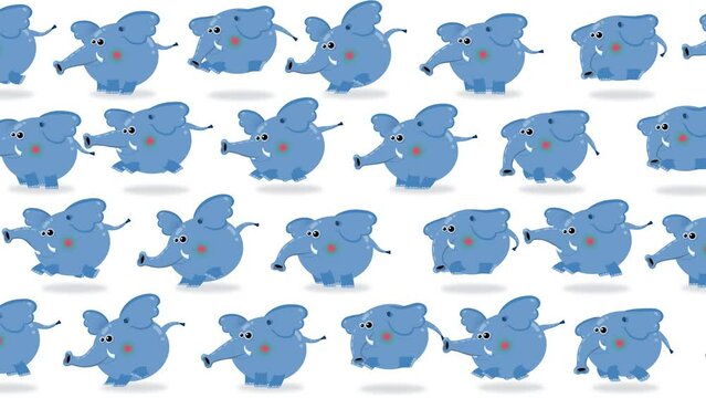 Elephants cartoon blue characters wallpaper running on white background. Cute children animation good as backdrop for intro, party, television programme, presentation, etc... Seamless loop.
