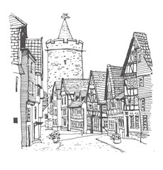 The Leonhard Tower in Alsfeld, Hesse, Germany. Medieval building line art. Freehand drawing. Hand drawn travel postcard of a old street in Alsfeld. Urban sketch in black color on white background.