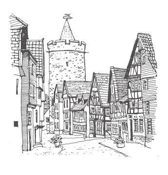 The Leonhard Tower in Alsfeld, Hesse, Germany. Medieval building line art. Freehand drawing. Hand drawn travel postcard of a old street in Alsfeld. Urban sketch in black color on white background.