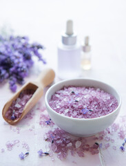 Obraz na płótnie Canvas Aromatherapy lavender bath salt and massage oil