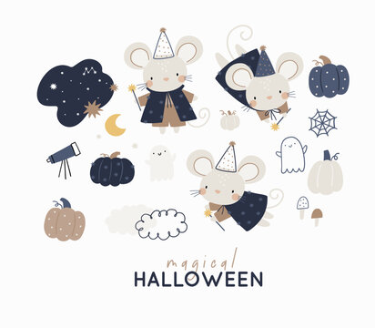Happy Halloween print with cute cartoon littele mouse - stargazer. Magical Hallowween with pumpkin, fairy, stars, ghost
