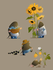 Gardener mole. Children's illustration of a mole. Cute animals, rodents. Cottager. Picking flowers. Sunflowers, currants and yellow strawberries.