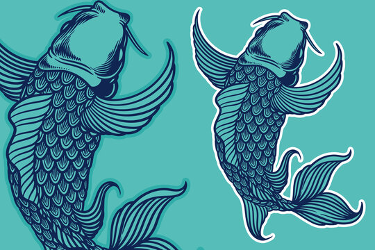 Blue Koi Fish Vector Illustration Cartoon Style