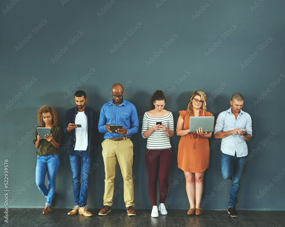 Aufkleber diverse group of people browsing social media on a phone, tablet and laptop in studio on a grey back