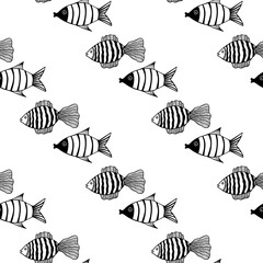 Fototapeta na wymiar Seamless pattern with fishes. Black and white hand drawn vector illustration. Seamless background. Wallpaper design. Fabric design. Simple vector pattern with cute fishes.