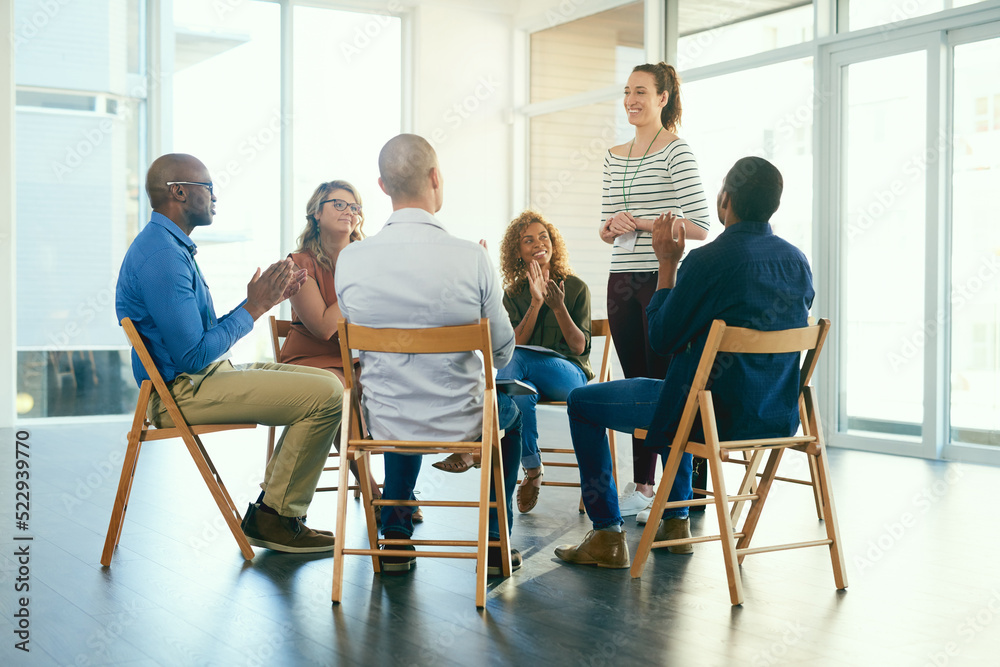 Aufkleber business woman coaching a teamwork seminar at work about job motivation and success. group of office
