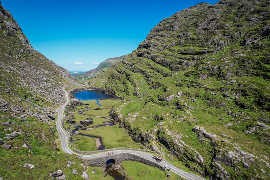 Aerial view of Gap of Dunloe, also known as Bearna an Choimin,  a narrow mountain pass running north south in County Kerry, Ireland