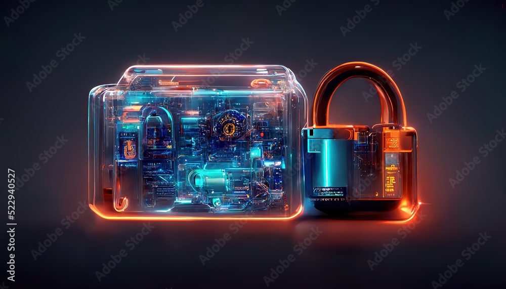 Aufkleber Padlock in the personal data security section, the concept of confidentiality of cyber data or information. Encryption machine, futuristic dashboard.