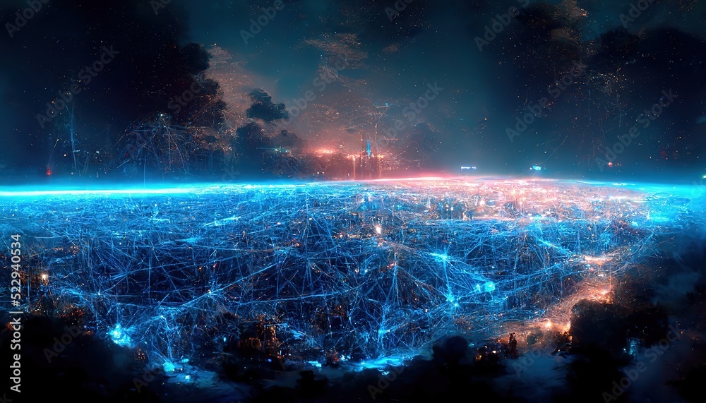 Poster Communication technology for internet business, connection with speed line light. Big data structure. Wireless network concept and connectivity technology with urban background at night. 3d render