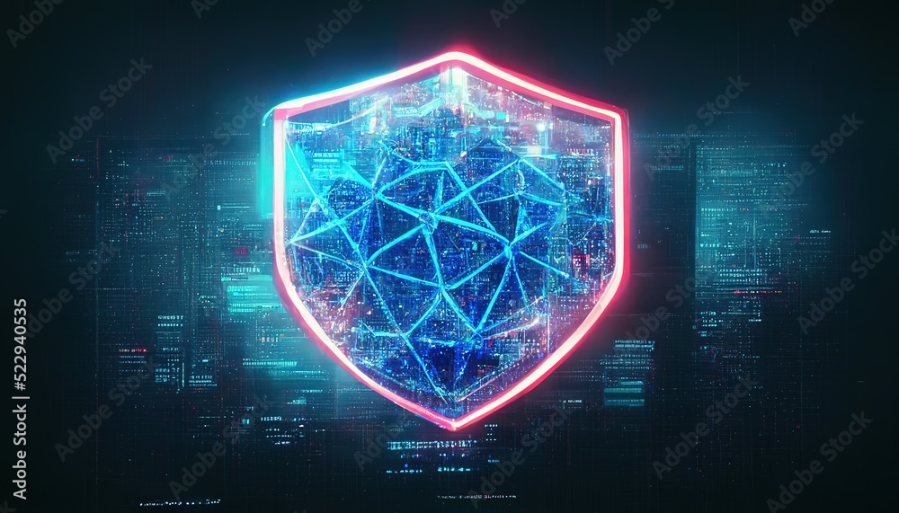 Poster Neon technological shield, against background of the binary code of the template concept and structure of big data. Cyber security and information or network protection. Future technology. 3d render