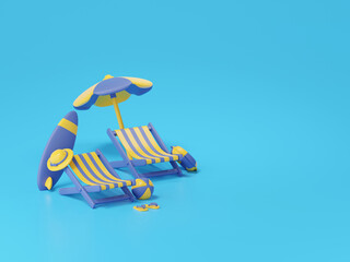 3d rendering of beach chairs and umbrella on blue background, Summer concept.