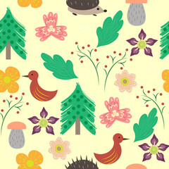 Seamless pattern with hand drawn plants and animals - hedgehog, birds, flowers.