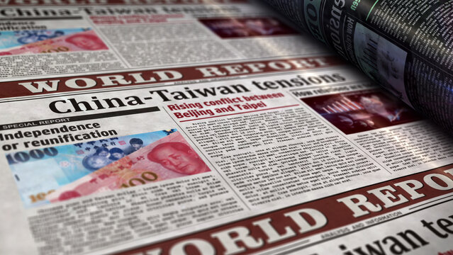 China and Taiwan tensions, conflict and crisis retro newspaper 3d illustration