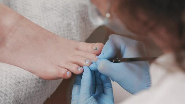 Pedicurist in medical gloves paints the client's toenails with blue nail polish. Closeup. The concept of podology, chiropody and pedicure.