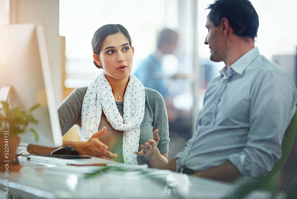 Poster manager, leader or boss helping creative staff on a computer to plan idea or brainstorm strategy to 