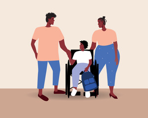 Naklejka na ściany i meble Inclusive family with African parents and schoolboy son in wheelchair, flat vector stock illustration with school preparation