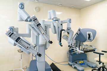 Invasive robotic surgery technologies. Clinic surgical da vinci operation robot.
