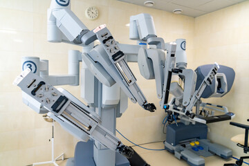Modern surgery robotic system. Da vinci robot surgeon technologies.