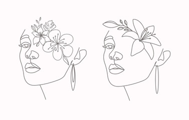Flowers woman beauty face female with a lily line art drawing minimal vector art