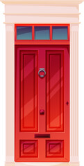 Red front door, cartoon house entrance, doorway