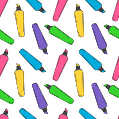 Colorful seamless pattern with bright highlighters. Background with blue, green, yellow, punk, and violet markers. School supplies. Stationery for drawing and studying.