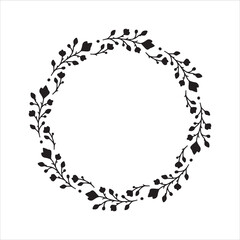 Vector hand drawn floral wreath isolated on white background. Silhouette round frame with of leaves. Doodle style. Floral monogram frame.