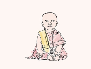 Kid wearing gautam buddha dress line art illustration, Sketch drawing of kid wearing budha religious hindu dress, silhouette of kid in hindu religious dress with rudraksha mala