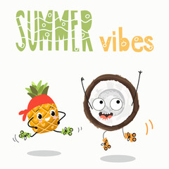 Vector illustration of funny characters, cartoon, pineapple and coconut rollerblading, bouncing. Lettering summer vibes.