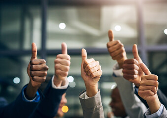 Hands showing thumbs up with business men endorsing, giving approval or saying thank you as a team...