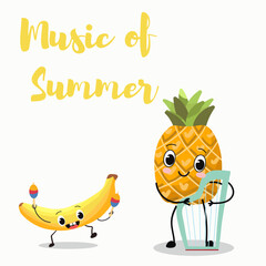 Fototapeta premium Vector illustration of funny cartoon characters, pineapple plays the harp, flute, banana plays on the inscription music summer.
