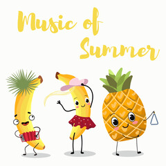 Vector illustration of funny characters, cartoon,  couple of pitahaya, pitahaya, dragon fruit  ride a bike, tandem, win the competition. Lettering for summer vibes.