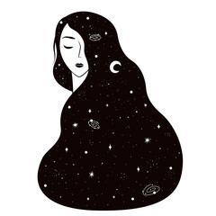 Abstract print design with long hair celestial woman.  Inspirational space poster. Stars, planets, the moon in the girl's hair. Black and white poster. Stock vector illustration