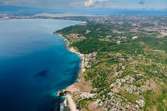 View on Bukit, Jimbaran and blue ocean in Bali. Aerial view of Bali island