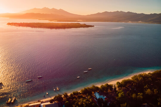 Tropical islands at sunset or sunrise. Aerial view.