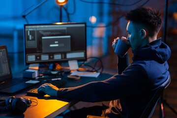 cybercrime, hacking and technology concept - male hacker in dark room drinking coffee and using computer virus program for cyber attack