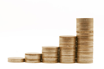 old Gold coins towers graph pattern  shows the growth of investment and saving money isolated on white background