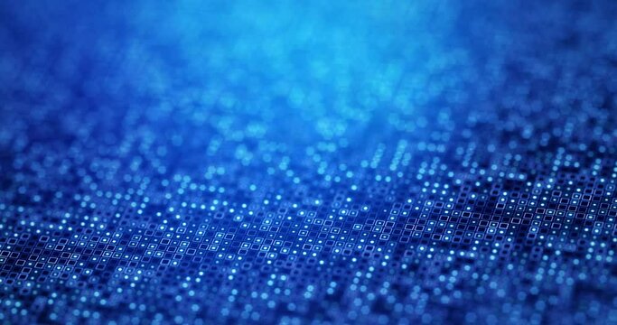 3D Rendering dot and square shape in grid digital abstract background, Algorithm cyber futuristic concept, Shallow depth of field and grain processed