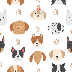 Seamless pattern with dogs heads and hand drawn dots on white background. Cartoon puppy faces. Different breeds of dogs. Vector illustration.