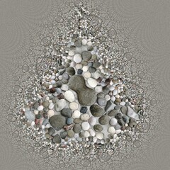 Fototapeta na wymiar pebble patterns from many grey and white smooth stones arranged to form creative fractal designs