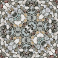 pebble patterns from many grey and white smooth stones arranged to form creative designs in square format