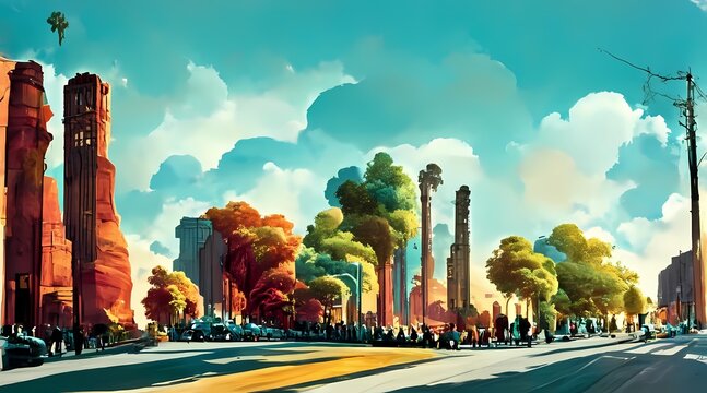 Cartoon downtown road landscape wallpaper 