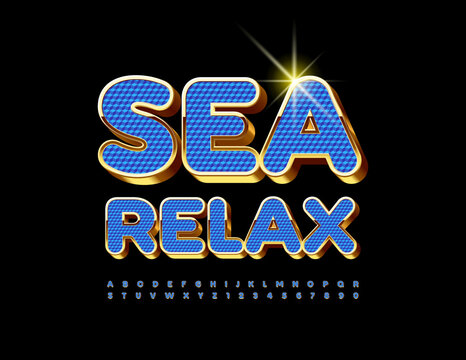 Vector chic sign Sea Relax. Textured Blue and Gold Font. Premium Alphabet Letters an Numbers set