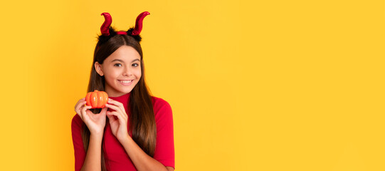trick or treat. teen girl on yellow background. celebrate autumn party holiday. Halloween kid girl portrait, horizontal poster. Banner header with copy space.