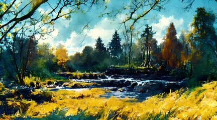 Fototapeta na wymiar Landscape with stream and trees 