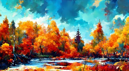 Fototapeta na wymiar Oil painting landscape colorful autumn forest 