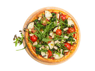 Vegetarian pizza with tofu, eggplant, tomatoes, rocket salad and spinach isolated with transparent background - 522947332