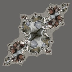 pebble patterns from many grey and white smooth stones arranged to form creative fractal designs