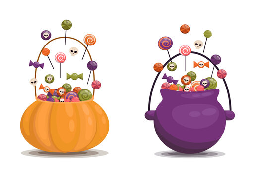 Trick or treat party bucket full of candy (bag, cauldron, pumpkin). Set of Halloween candies for kids. Collection of vector sweets - lollipops, caramel, candy with skulls. Isolated on white background