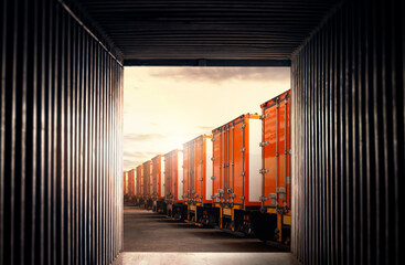 Inside View Cargo Container. Semi TrailerTrucks Parked Lot with The Sunset Sky. Shipping Container....